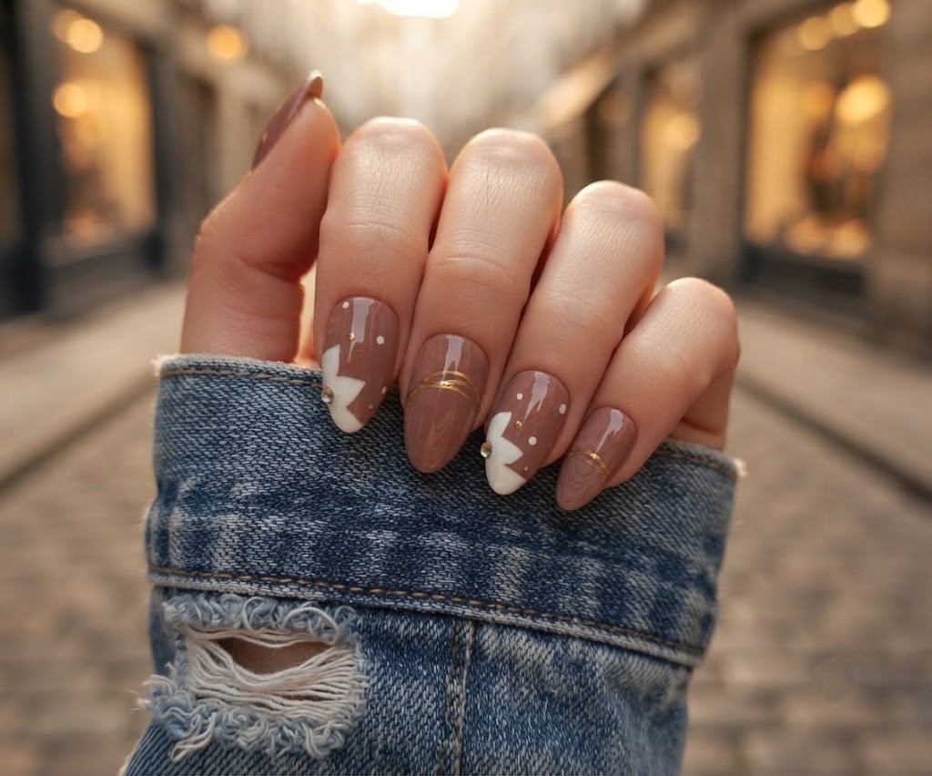 image Press-On Nails "Golden Cocoa " – Forme Amande XS Tany Mena