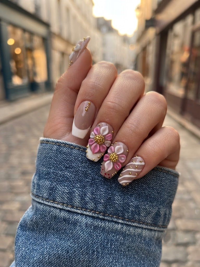 image Press-On Nails SUR COMMANDE  "Island Flower  " – Forme Ballerine  S Tany Mena