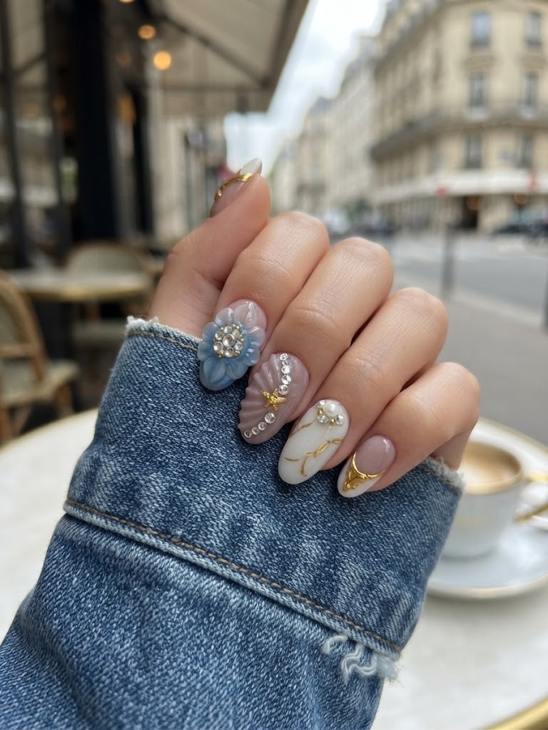 image Press-On Nails SUR COMMANDE  "Océan Petals " – Forme Rond S Tany Mena