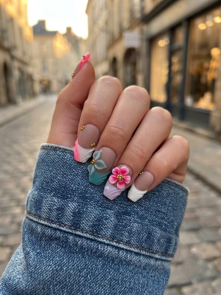 image Press-On Nails SUR COMMANDE  "Tropical Bloom " – Forme Ballerine  S Tany Mena