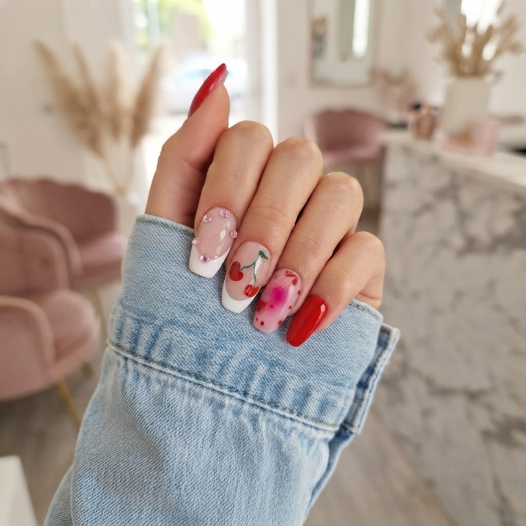 image Press-On Nails "Cherry Kiss Collection " – Forme Ballerine S Tany Mena