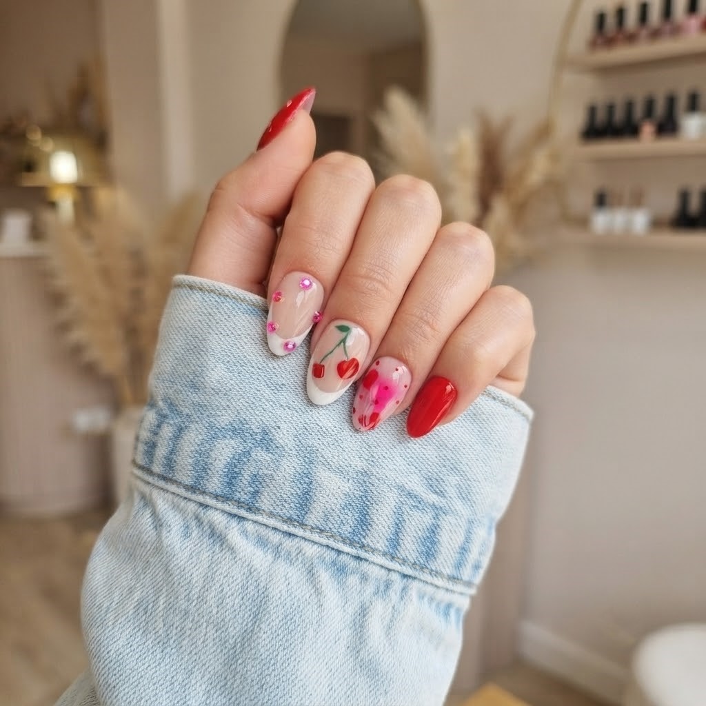image Press-On Nails "Cherry Kiss Collection " – Forme Rond XS Tany Mena