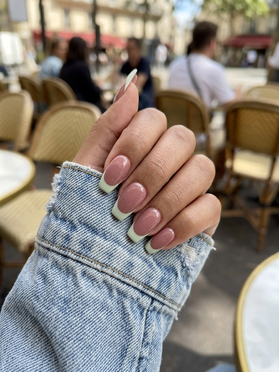 image Press-On Nails "French Green Pastel" – Forme Ballerine S Tany Mena