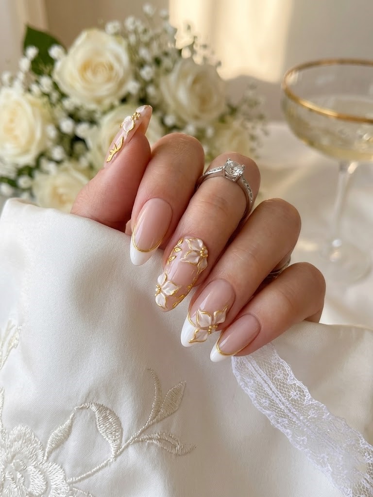 image Press-On Nails SUR COMMANDE  " Golden Bridal" – Forme Amande M Tany Mena