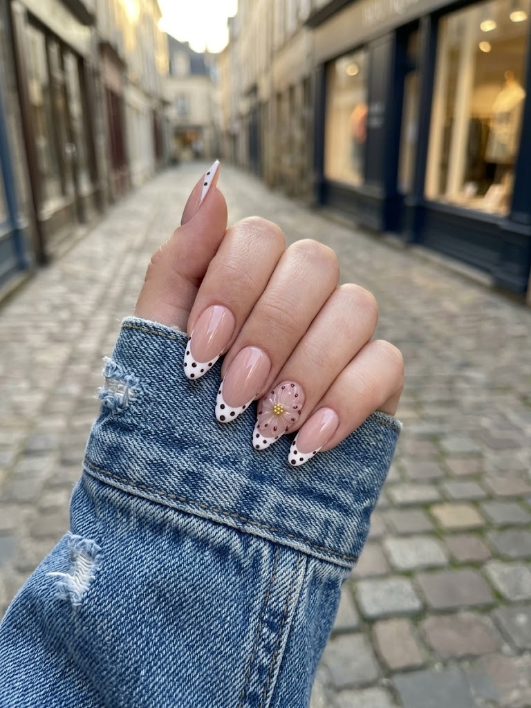 image Press-On Nails "French Dottie" – Forme Amande M Tany Mena