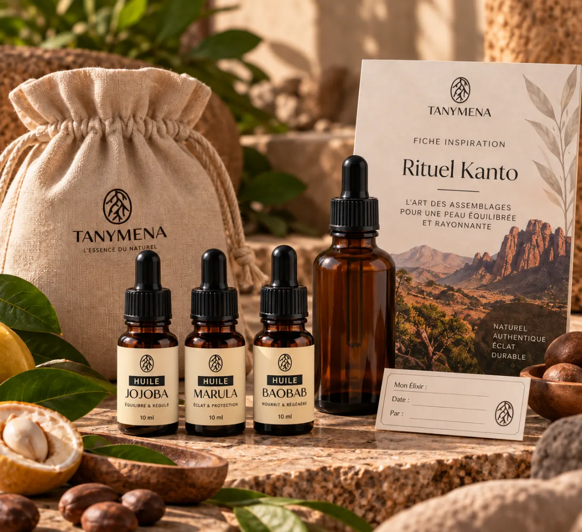 Coffret d'huiles végétales de Jojoba, Marula et Baobab pour création de soins visage sur-mesure