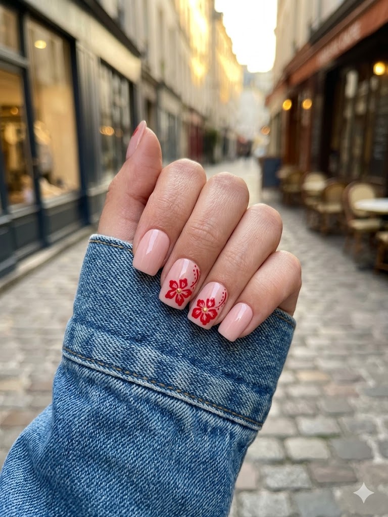 image Press-On Nails "Rosy Scarlet Bloom" – Forme Carré S Tany Mena