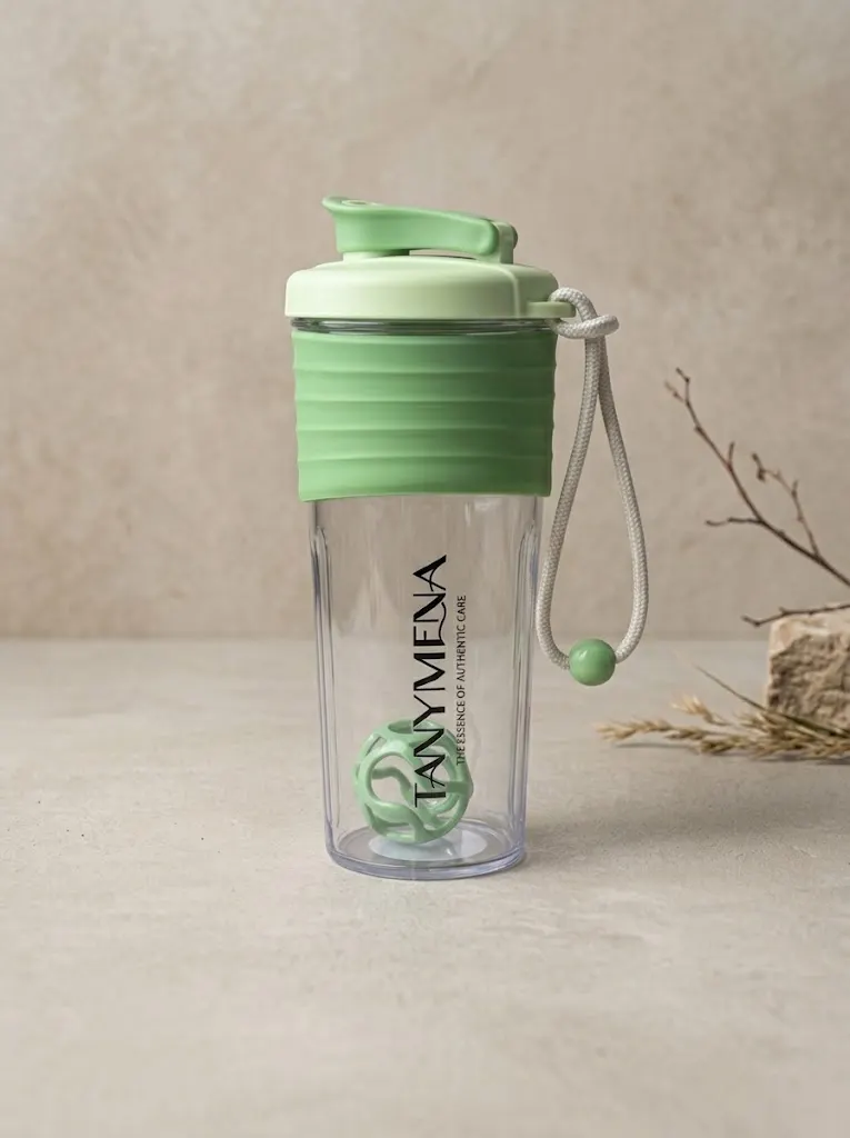 Shaker étanche sans BPA TanyMena avec grip en silicone et mélangeur.