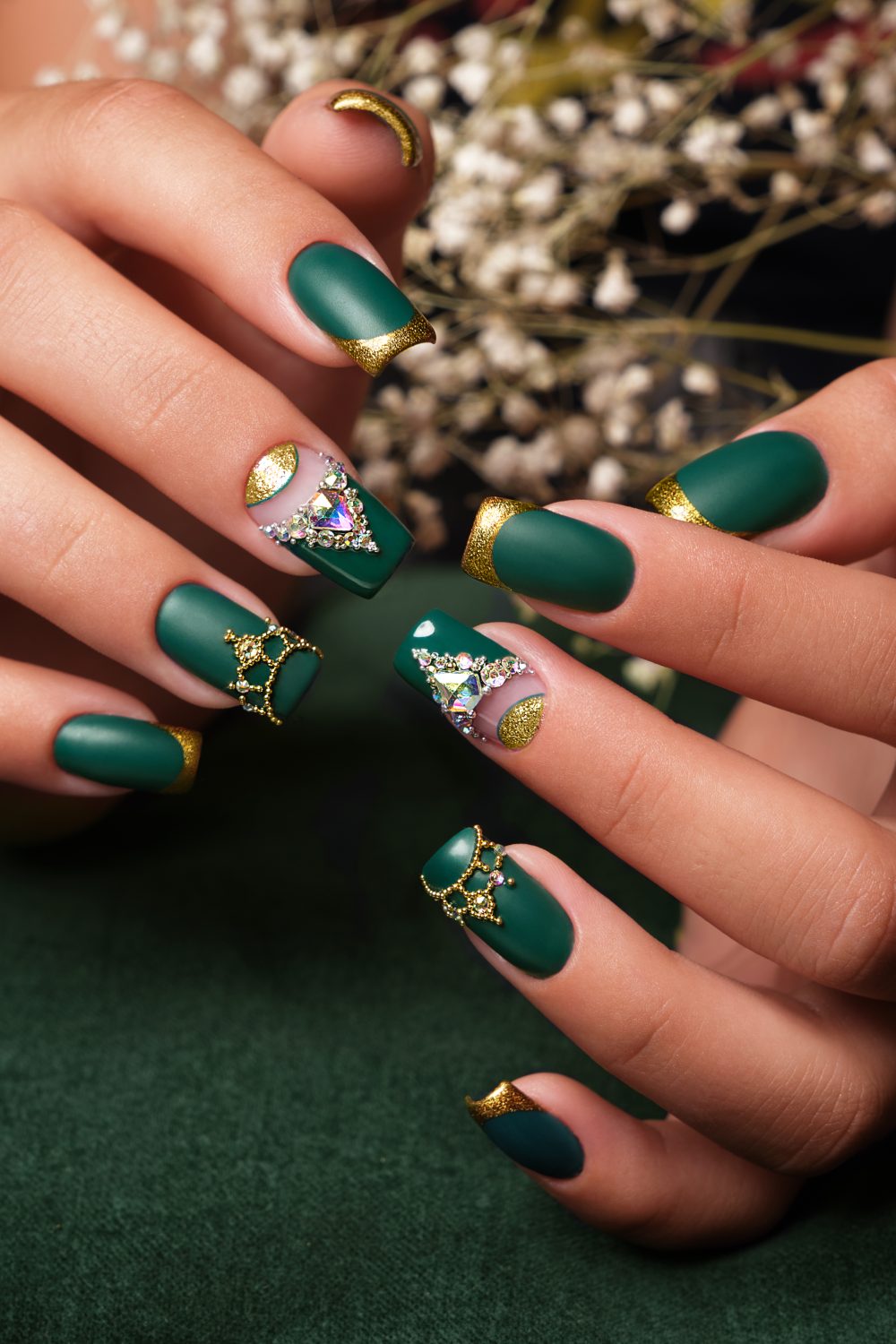 Press-on vert profond avec french dorée et bijoux d'ongles